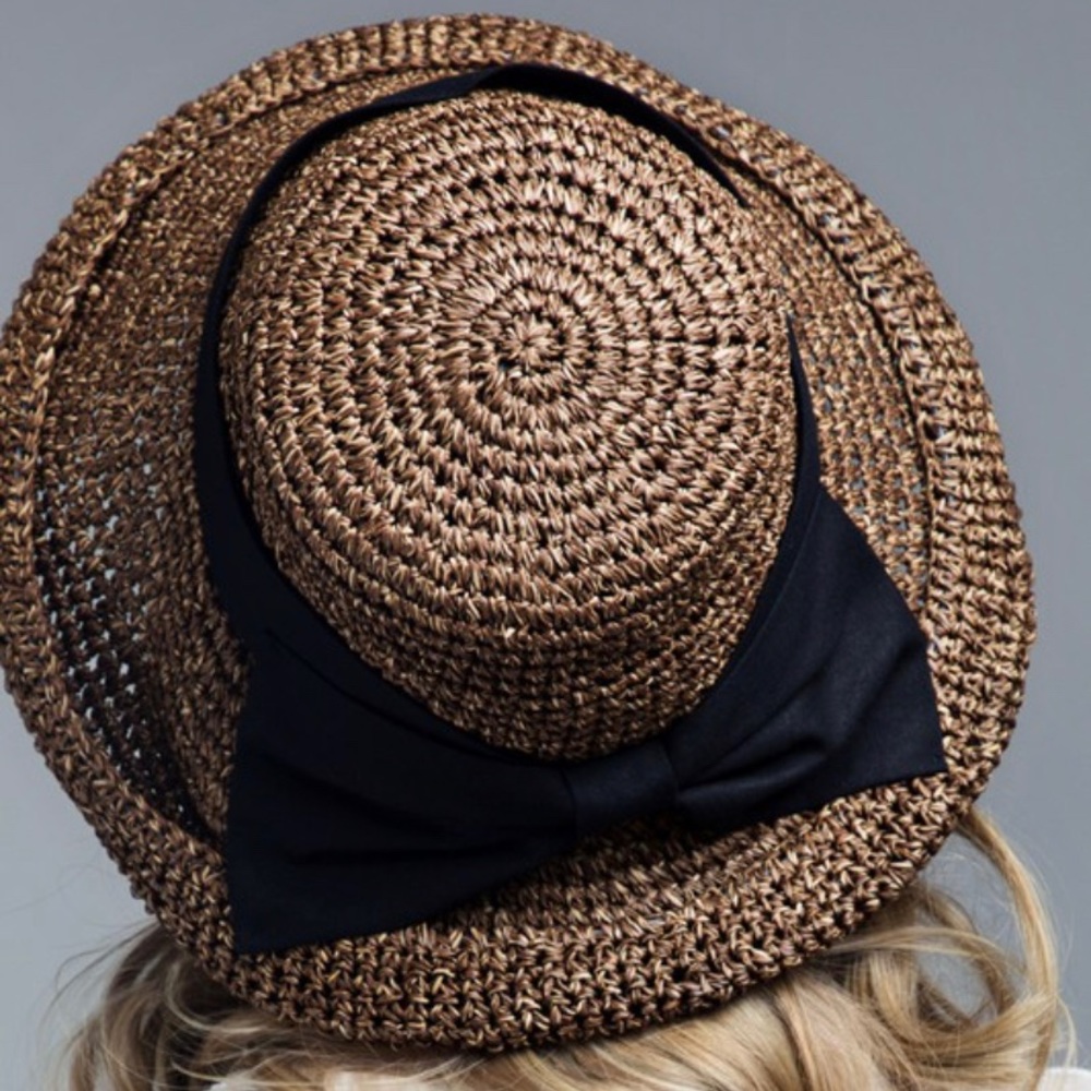 NWT Raffia Brown Bucket Hat With Black Ribbon